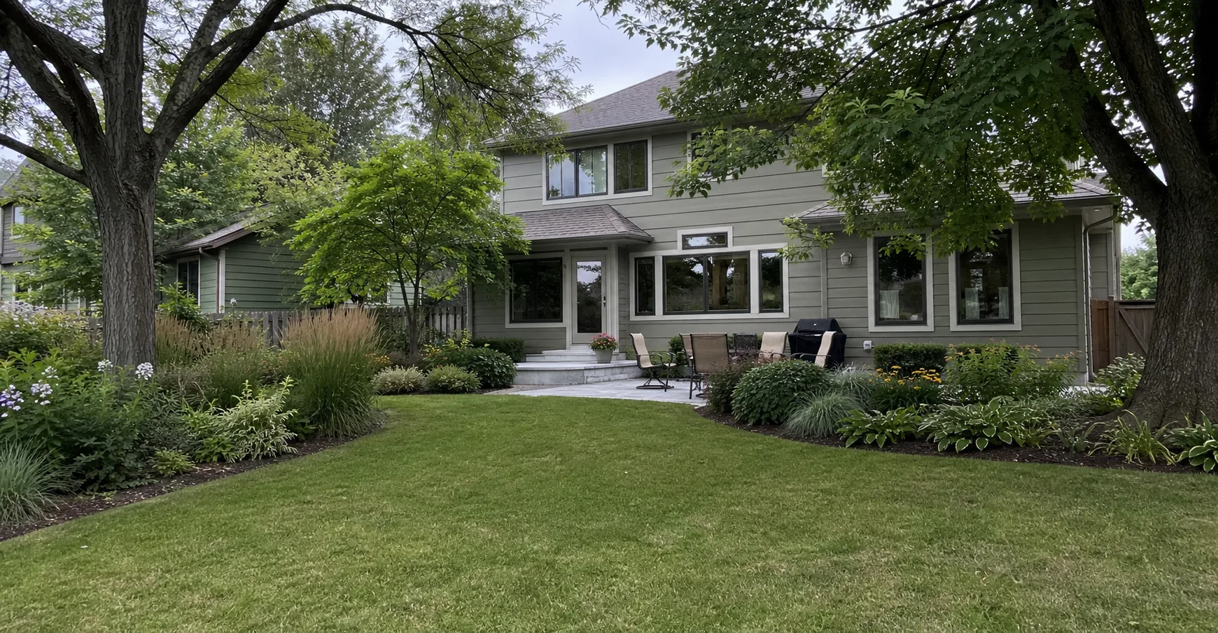 Landscaped backyard and patio surrounding a comfortable family home