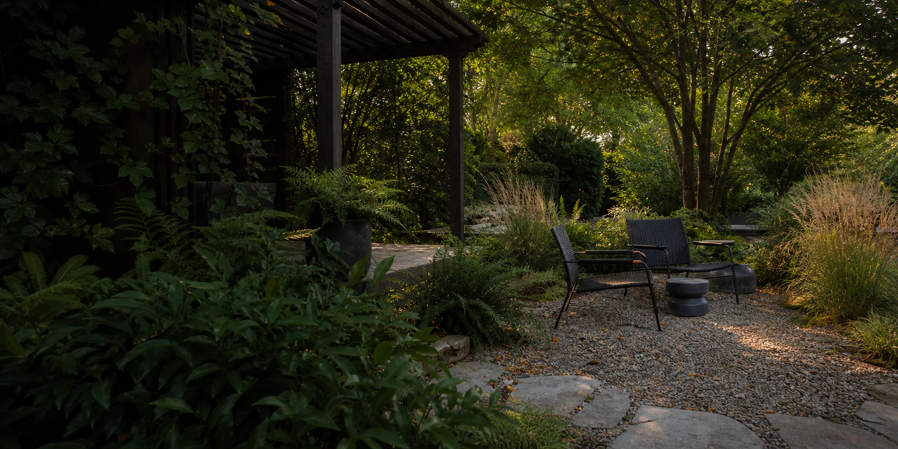 Layered residential planting surrounding a family garden